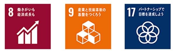 働きがいも経済成長も（SDGs8）、産業と技術革新の基盤をつくろう（SDGs9）、パートナーシップで目標を達成しよう（SDGs17）